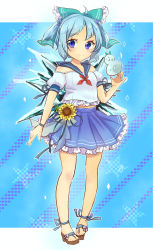 Rule 34 | 1girl, adapted costume, ahoge, blue bow, blue eyes, blue hair, blue skirt, blush, bow, cirno, closed mouth, commentary request, flower, full body, hair bow, ice, ice wings, konnyaku (yuukachan 51), looking at viewer, off-shoulder shirt, puffy short sleeves, puffy sleeves, sailor collar, shirt, short hair, short sleeves, skirt, smile, snowman, solo, standing, sunflower, touhou, wings