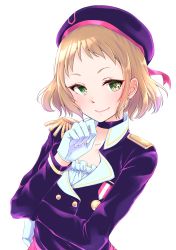 Rule 34 | 1girl, absurdres, brown hair, choker, closed mouth, earrings, gloves, green eyes, hat, highres, jacket, jewelry, kira tsubasa, kobayashi nyoromichi, long sleeves, looking at viewer, love live!, purple choker, purple hat, purple jacket, short hair, simple background, smile, solo, upper body, white background, white gloves