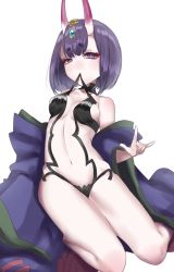 Rule 34 | 1girl, \m/, bad id, bad pixiv id, fate/grand order, fate (series), highres, horns, japanese clothes, looking at viewer, misumi (macaroni), mouth hold, navel, oni, purple eyes, purple hair, short hair, shuten douji (fate), shuten douji (first ascension) (fate), simple background, sketch, solo