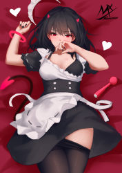 Rule 34 | 1girl, absurdres, alternate costume, apron, artist name, black-haired demon girl (shimmer), black bra, black hair, black nails, black pantyhose, bra, breasts, collarbone, covered mouth, covering own mouth, demon girl, demon tail, enmaided, hand over own mouth, hand up, headdress removed, heart, highres, large breasts, looking at viewer, lying, maid, maid headdress, medium hair, nail polish, on back, original, pantyhose, red eyes, shimmer, solo, tail, underwear, waist apron