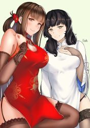 Rule 34 | 2girls, artist name, black gloves, black hair, black legwear, blush, bracer, breast hold, breasts, brown eyes, brown hair, china dress, chinese clothes, cleavage, closed mouth, dress, dsr-50 (girls&#039; frontline), dsr-50 (red peony) (girls&#039; frontline), elbow gloves, flower, girls&#039; frontline, gloves, hair flower, hair ornament, hand up, hsubo, long hair, looking at viewer, medium breasts, mole, mole under eye, multiple girls, official alternate costume, partially fingerless gloves, red dress, red eyes, simple background, smile, thighhighs, thighs, type 95 (girls&#039; frontline), type 95 (narcissus) (girls&#039; frontline), white dress