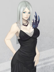 Rule 34 | 1girl, black dress, black flower, black nails, black rose, blue eyes, border break, breasts, character request, cleavage, damegane, dress, flower, grey background, jewelry, large breasts, long hair, nail polish, necklace, reisei type, rose, simple background, solo, white hair