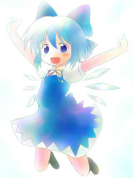 Rule 34 | \o/, arms up, blue eyes, blue hair, blush, bow, cirno, embodiment of scarlet devil, geshopu, hair bow, happy, jumping, open mouth, outstretched arms, solo, touhou, wings