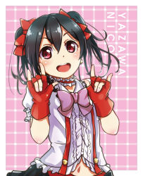 Rule 34 | 10s, 1girl, \m/, bad id, bad pixiv id, black hair, blush, bokura wa ima no naka de, bow, buttons, character name, choker, double \m/, earrings, fingerless gloves, frilled shirt, frilled sleeves, frills, gloves, hair bow, idol, jewelry, looking at viewer, love live!, love live! school idol project, minase yuki, multiple girls, navel, open mouth, pink background, pink bow, red bow, red eyes, red gloves, shirt, short hair, short sleeves, smile, solo, twintails, yazawa nico
