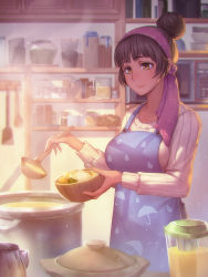 Rule 34 | 1girl, apron, blender (object), bowl, breasts, brown eyes, brown hair, chromatic aberration, cooking, dishes, food, hachifuku, hair bun, hairband, head scarf, highres, holding, holding bowl, housewife, indoors, jar, kitchen, ladle, large breasts, light particles, light smile, long sleeves, microwave, mole, mole under eye, nabe, original, pot, ribbed sweater, shelf, short hair, single hair bun, smile, solo, spatula, sunlight, sweater