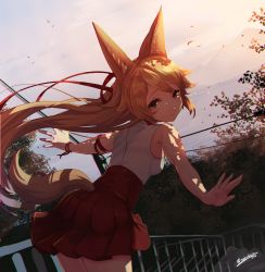 Rule 34 | 1girl, animal ears, artist name, blonde hair, closed mouth, dutch angle, floating hair, fox ears, fox girl, fox tail, green eyes, hair flaps, hakama, hakama short skirt, hakama skirt, japanese clothes, light smile, long hair, looking at viewer, looking back, nontraditional miko, original, outdoors, outstretched arms, railing, sakuhiko, signature, skirt, smile, solo, stairs, tail, very long hair