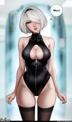 Rule 34 | 1girl, 2b (nier:automata), aroma sensei, bare shoulders, black leotard, black thighhighs, breasts, cleavage, cleavage cutout, clothing cutout, curvy, female focus, hair over one eye, hairband, halterneck, heattech leotard, highleg, highleg leotard, highres, large breasts, leotard, lips, looking at viewer, mole, mole on breast, mole under mouth, nier:automata, nier (series), one eye covered, skindentation, sleeveless, solo, speech bubble, thick lips, thick thighs, thighhighs, thighs, thong leotard, turtleneck, white eyes, white hair, wide hips, zipper, zipper pull tab