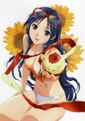 Rule 34 | 1girl, absurdres, apple, apple peel, blue hair, breasts, cleavage, copyright request, covered erect nipples, eyewear on head, flower, food, fruit, glasses, grey eyes, heart, highres, holding, holding food, holding fruit, jewelry, long hair, midriff, necklace, panties, peeling, pendant, rin-sin, single letter, sitting, solo, sunflower, sunglasses, tank top, underwear, white panties
