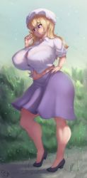 Rule 34 | 1girl, belly, black footwear, blonde hair, blush, bra, breasts, button gap, coffeeslice, curvy, full body, hand on own hip, hat, highres, huge breasts, maribel hearn, medium hair, mob cap, pout, purple eyes, purple skirt, see-through, see-through shirt, shirt, skirt, solo, thick thighs, thighs, touhou, underwear, white bra, white shirt