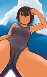 Rule 34 | 1girl, armpits, asics, black one-piece swimsuit, brown eyes, brown hair, cameltoe, competition swimsuit, cowboy shot, dot mouth, dot nose, from below, lvi, one-piece swimsuit, original, short hair, swimsuit