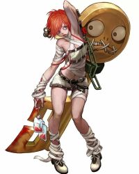 Rule 34 | 1girl, a.b.a, armpits, bandages, blood, blood bag, bloody weapon, blue eyes, chain, guilty gear, guilty gear xx, homunculus, karee, key in head, object through head, paracelsus (guilty gear), red hair, short hair, thighs, weapon