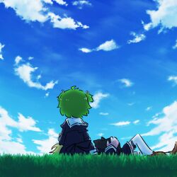 Rule 34 | 2girls, andou tazusa, antenna hair, assault lily, black cat, black skirt, blonde hair, blue sky, brown footwear, cat, cat on person, cloud, commentary, covered face, day, facing away, from behind, grass, green hair, hair ribbon, hand up, high-waist skirt, highres, juliet sleeves, knee up, lap pillow, leg ribbon, loafers, long sleeves, lying, multiple girls, on back, on grass, on ground, outdoors, puffy sleeves, ribbon, school uniform, shoes, short hair, sitting, skirt, sky, teisuu, thigh ribbon, thighhighs, two side up, white thighhighs, yellow ribbon, yoshimura thi mai, yurigaoka girls academy school uniform