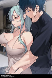 Rule 34 | 1boy, 1girl, absurdres, black hair, black shirt, blue hair, blush, grabbing another&#039;s breast, breasts, camisole, cleavage, collarbone, covered erect nipples, fanbox username, grabbing, grabbing from behind, grey camisole, hetero, highres, implied fingering, indoors, jjune, large breasts, long hair, open mouth, original, patreon username, red eyes, shirt, short hair, short sleeves, sweat, t-shirt