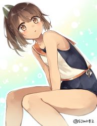 Rule 34 | 10s, 1girl, :o, bad id, bad twitter id, bare shoulders, blush, brown eyes, brown hair, collarbone, i-401 (kancolle), kantai collection, looking at viewer, one-piece swimsuit, ponytail, sailor collar, school swimsuit, school uniform, serafuku, shijima (sjmr02), short hair, short ponytail, sitting, sleeveless, solo, swimsuit, swimsuit under clothes, tan, twitter username