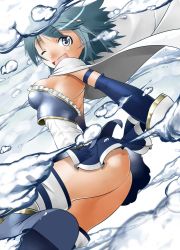 Rule 34 | 10s, 1girl, ;d, ass, blue eyes, blue hair, breasts, cape, gloves, looking at viewer, magical girl, mahou shoujo madoka magica, mahou shoujo madoka magica (anime), matching hair/eyes, miki sayaka, one eye closed, open mouth, sengoku rokurou, short hair, smile, solo, thighhighs