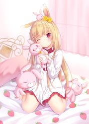 Rule 34 | 1girl, amashiro natsuki, animal ears, bad id, bad pixiv id, barefoot, bed sheet, bedroom, blonde hair, blush, curtains, dress, eyebrows, flower, food print, frilled dress, frills, hair flower, hair ornament, head tilt, heart, highres, holding, holding stuffed toy, indoors, long hair, long sleeves, looking at viewer, object on head, on bed, one eye closed, original, pillow, pink eyes, pink theme, rabbit ears, room, sitting, slit pupils, solo, strawberry print, stuffed animal, stuffed rabbit, stuffed toy, wariza