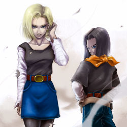 Rule 34 | 1boy, 1girl, android 17, android 18, belt, black hair, black pantyhose, blonde hair, brother and sister, collarbone, denim, denim skirt, dragon ball, dragonball z, earrings, jeans, jewelry, looking at viewer, looking back, pants, pantyhose, shirt, siblings, skirt, smile, t-shirt, torn clothes, torn legwear, yattuke