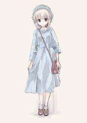 Rule 34 | 1girl, alternate costume, arms at sides, bag, blue dress, blush, brown eyes, brown footwear, casual, closed mouth, dated, dress, full body, grey background, grey hair, grey hat, hat, highres, long sleeves, looking at viewer, nagato yuki, nanabuluku, shoes, shoulder bag, signature, simple background, socks, solo, striped clothes, striped dress, suzumiya haruhi no yuuutsu, vertical-striped clothes, vertical-striped dress, white socks