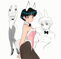 1girl animal_ears arms_behind_back arms_up black_bow black_bowtie black_hair bow bowtie brown_eyes collarbone commentary detached_collar fake_animal_ears fake_tail fishnet_pantyhose fishnets fur-trimmed_leotard fur_trim high_heels highres isabel_(chabeescalante) leotard looking_at_viewer multiple_views nontraditional_playboy_bunny pantyhose partially_colored pink_leotard rabbit_ears rabbit_tail ranma_1/2 short_hair simple_background smile spanish_commentary standing strapless strapless_leotard tail tendou_akane wrist_cuffs