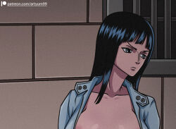 Rule 34 | 1girl, areola slip, artyum99, breasts, breasts out, dark skin, large breasts, nico robin, nude, one piece, prison, solo
