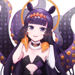 Rule 34 | 1girl, absurdres, animal ears, black gloves, blunt bangs, detached collar, detached sleeves, flat chest, gloves, halo, highres, holding, holding hair, hololive, hololive english, james choo, long hair, looking at viewer, mole, mole under eye, monster girl, ninomae ina&#039;nis, ninomae ina&#039;nis (1st costume), pointy ears, purple hair, sidelocks, single detached sleeve, smile, solo, squishing, strapless, tentacle hair, tentacles, upper body, virtual youtuber, white background