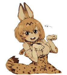 Rule 34 | 10s, 1girl, :d, animal ears, bad id, bad pixiv id, bangbaek, bare shoulders, bow, bowtie, breasts, elbow gloves, extra ears, gao, gloves, hair between eyes, high-waist skirt, kemono friends, looking at viewer, medium breasts, open mouth, paw pose, round teeth, sepia, serval (kemono friends), serval print, serval tail, shirt, short hair, simple background, skirt, sleeveless, sleeveless shirt, smile, solo, striped tail, tail, teeth, white background