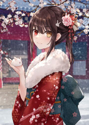 Rule 34 | 1girl, architecture, asle, black hair, branch, cherry blossoms, clock eyes, closed mouth, date a live, east asian architecture, floral print, flower, from side, fur-trimmed kimono, fur trim, hair flower, hair ornament, hand up, heterochromia, highres, holding, japanese clothes, kimono, looking at viewer, looking to the side, obi, open hand, ponytail, rabbit, rabbit hair ornament, red eyes, red kimono, sash, shrine, smile, snowing, solo, symbol-shaped pupils, tokisaki kurumi, upper body, yellow eyes