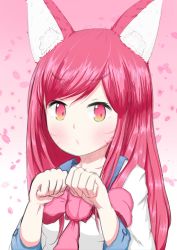 Rule 34 | 1girl, :3, academy ahri, ahri (league of legends), animal ears, blush, breasts, facial mark, fox ears, hair ornament, hairclip, heart, heart hair ornament, highres, league of legends, long hair, looking at viewer, medium breasts, paw pose, red hair, school uniform, solo, whisker markings, yellow eyes