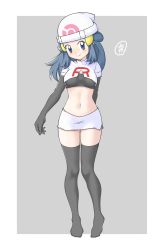Rule 34 | 1girl, absurdres, arm behind back, beanie, black gloves, black thighhighs, blue eyes, blue hair, blush, border, breasts, closed mouth, commentary request, creatures (company), dawn (pokemon), elbow gloves, eyelashes, full body, game freak, gloves, hair ornament, hairclip, hat, highres, midriff, navel, nintendo, pokemon, pokemon (anime), pokemon dppt (anime), skirt, smile, solo, tax2rin, team rocket, team rocket uniform, thighhighs, white border, white hat, white skirt