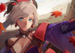 Rule 34 | 1girl, bare shoulders, blue eyes, breasts, cleavage, earrings, fate/grand order, fate (series), hair ornament, hsin, jewelry, large breasts, looking at viewer, miyamoto musashi (fate), miyamoto musashi (third ascension) (fate), silver hair, smile, solo, upper body