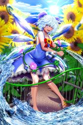 Rule 34 | 1girl, bare arms, bare legs, bare shoulders, blue bow, blue dress, blue eyes, blue hair, blue wings, bow, cirno, cloud, collarbone, commentary request, covered navel, day, dress, elcid company, field, flower, flower field, hair bow, hidden star in four seasons, highres, holding, holding hose, hose, ice, ice wings, looking at viewer, medium hair, morning glory, neck flower, one eye closed, outdoors, plant, sandals, short dress, sky, sleeveless, sleeveless dress, solo, splashing, standing, standing on one leg, summer, sun, sunflower, sunflower field, tan, tanline, tanned cirno, toes, touhou, vines, water, wings