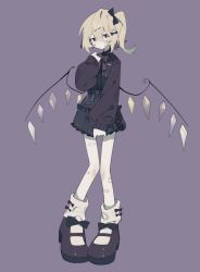 Rule 34 | 1girl, alternate costume, bandaid, bandaid on face, bandaid on leg, bandaid on neck, black bow, black dress, blonde hair, bow, bowtie, center frills, commentary, cross, crystal, dress, flandre scarlet, footwear bow, frilled dress, frills, full body, hair between eyes, hair bow, hair ornament, hairclip, hand up, highres, knees together feet apart, latin cross, long hair, long sleeves, looking at viewer, loose socks, mary janes, no headwear, one side up, open clothes, open shirt, puffy sleeves, purple background, red bow, red bowtie, red eyes, red footwear, red shirt, shirt, shoes, short dress, simple background, socks, solo, touhou, white socks, wing collar, wings, x hair ornament, xx asui