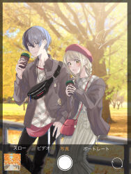 Rule 34 | 1boy, 1girl, ?, absurdres, alternate costume, anzu (moon 1014), aoyagi touya, azusawa kohane, bag, beret, black bag, black pants, blonde hair, blue hair, blush, braid, closed mouth, coffee cup, collared shirt, commentary request, cup, dark blue hair, disposable cup, feet out of frame, fence, grey background, hair between eyes, hat, highres, holding, holding cup, jacket, jewelry, long sleeves, looking at viewer, necklace, open clothes, open jacket, open mouth, pants, project sekai, red bag, shirt, short hair, shoulder bag, sidelocks, smile, spoken question mark, tree, twin braids, yellow eyes
