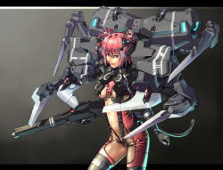 Rule 34 | 1girl, armor, black gloves, bodysuit, breasts, gloves, glowing, green eyes, gun, headgear, letterboxed, mechanical arms, midriff, original, pink hair, power armor, revealing clothes, rifle, see-through, short hair, solo, sword, tkln, weapon