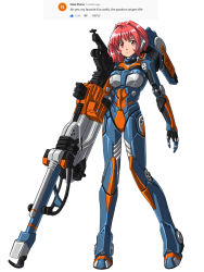 Rule 34 | 1girl, arm cannon, arms at sides, cyborg, english text, full body, gun, hair intakes, highres, joints, looking at viewer, neon genesis evangelion, original, personification, red eyes, red hair, rifle, robot joints, serious, sniper rifle, solo, standing, substance20, weapon, white background