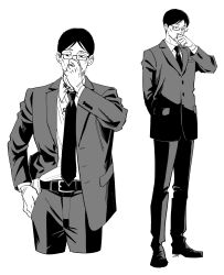 Rule 34 | 1boy, belt, blood, blood on clothes, blood on face, collared shirt, formal, glasses, greyscale, hand in pocket, highres, holding nose, ijichi kiyotaka, jujutsu kaisen, long sleeves, male focus, monochrome, necktie, pants, shirt, shoes, short hair, solo, standing, suit, sumio (smosmo)