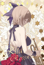 Rule 34 | 1girl, argyle, argyle background, argyle clothes, artist name, backless dress, backless outfit, bare shoulders, black bow, black dress, bow, brown hair, character name, copyright name, dress, formal, hair bow, highres, honkai (series), honkai impact 3rd, instrument, rita rossweisse, short hair, simple background, sleeveless, sleeveless dress, solo, sougishi ego, star (symbol), trumpet, white background