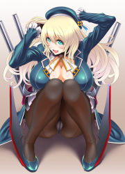 Rule 34 | 10s, 1girl, atago (kancolle), blue eyes, breasts, cameltoe, cleavage, crotch seam, hat, heart, heart-shaped pupils, huge breasts, kantai collection, panties, panties under pantyhose, pantyhose, pierre norano, sitting, smile, solo, symbol-shaped pupils, underwear, white panties