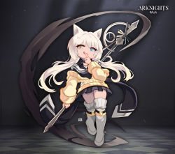 Rule 34 | 1girl, animal ears, arknights, black skirt, blonde hair, blue eyes, boots, closed mouth, heterochromia, holding, holding wand, index finger raised, jacket, lataedelan, long hair, looking at viewer, nightmare (arknights), skirt, smile, solo, thigh boots, thighhighs, tongue, tongue out, wand, white footwear, yellow eyes, yellow jacket