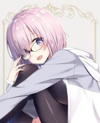 Rule 34 | 1girl, :d, black pantyhose, fate/grand order, fate (series), from side, glasses, grey background, grey sleeves, hair over one eye, hood, hood down, hooded jacket, hugging own legs, jacket, long sleeves, looking at viewer, mash kyrielight, masuishi kinoto, open clothes, open jacket, open mouth, pantyhose, pink hair, purple eyes, shiny clothes, short hair, sitting, smile, solo, white jacket