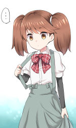 Rule 34 | ..., 1girl, absurdres, arm warmers, blue background, bow, bowtie, brown eyes, brown hair, collared shirt, commentary request, cosplay, cosplay request, cowboy shot, dress shirt, empty eyes, gradient background, grey skirt, highres, kantai collection, long hair, long skirt, minegumo (kancolle), minegumo (kancolle) (cosplay), red bow, red bowtie, ryuki (ryukisukune), ryuujou (kancolle), shirt, short sleeves, skirt, skirt hold, solo, speech bubble, spoken ellipsis, suspender skirt, suspenders, swept bangs, twintails, white shirt, wing collar