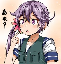 Rule 34 | 1girl, akebono (kancolle), bell, commentary request, fishing gear, flower, hair bell, hair between eyes, hair flower, hair ornament, kantai collection, long hair, open mouth, pointing, pointing at self, purple eyes, purple hair, sailor collar, sailor shirt, shino (ponjiyuusu), shirt, short sleeves, side ponytail, solo, translation request, upper body, vest