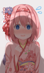 Rule 34 | 1girl, blue eyes, blue flower, blush, floral print, flower, grey background, hair between eyes, hair flower, hair ornament, hairband, highres, japanese clothes, keiran (ryo170), kimono, long hair, long sleeves, looking at viewer, nose blush, obi, open mouth, pink hair, pink kimono, princess connect!, print kimono, red flower, red hairband, ringed eyes, sash, shadow, simple background, solo, sweat, upper body, wide sleeves, yui (new year) (princess connect!), yui (princess connect!)