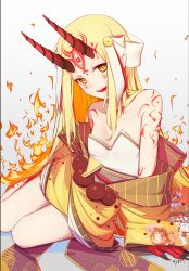 Rule 34 | 1girl, absurdres, bare shoulders, blonde hair, breasts, facial mark, fate/grand order, fate (series), forehead, forehead mark, hair pulled back, highres, horns, ibaraki douji (fate), japanese clothes, kimono, long hair, long sleeves, looking at viewer, off shoulder, oni, oni horns, sash, sawarineko, small breasts, tattoo, wide sleeves, yellow eyes, yellow kimono