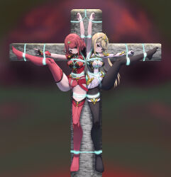 Rule 34 | 2girls, absurdres, bdsm, black pantyhose, blonde hair, bondage, bound, breasts, cleavage, crucifixion, hair ornament, highres, long hair, medium breasts, medium hair, micro shorts, multiple girls, mythra (xenoblade), nintendo, pantyhose, pyra (xenoblade), red eyes, red hair, red thighhighs, restrained, shorts, super smash bros., thighhighs, xenoblade chronicles (series), xenoblade chronicles 2, xiongmao, yellow eyes
