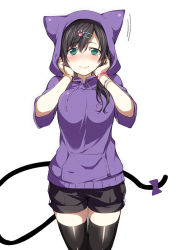 Rule 34 | 1girl, animal hood, arisaka ako, black hair, black thighhighs, blush, bow, bracelet, cat hood, cat tail, green eyes, hair ornament, hairclip, hands on own cheeks, hands on own face, hood, hoodie, jewelry, light smile, original, paw print, shorts, simple background, solo, tail, tail bow, tail ornament, tears, thighhighs, white background