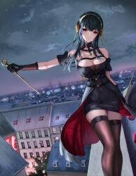 Rule 34 | 1girl, absurdres, bare shoulders, black dress, black gloves, black hair, breasts, brown thighhighs, building, cleavage, cloud, dagger, detached collar, detached sleeves, dress, dual wielding, flower, glint, gloves, gold hairband, hair flower, hair ornament, hairband, highres, holding, holding dagger, holding knife, holding weapon, knife, large breasts, looking at viewer, night, night sky, outdoors, parted lips, red eyes, rooftop, rose, short sleeves, sidelocks, sky, solo, spikes, spy x family, stiletto (weapon), thighhighs, tooku0, two-sided dress, two-sided fabric, weapon, yor briar