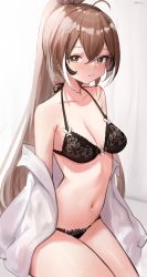 Rule 34 | 1girl, absurdres, ahoge, bad id, bad pixiv id, bare shoulders, black bra, black panties, blush, bra, breasts, brown eyes, brown hair, cleavage, closed mouth, collarbone, floral print, high ponytail, highres, hololive, hololive english, long hair, looking at viewer, medium breasts, multicolored hair, nanashi mumei, navel, off shoulder, open clothes, open shirt, panties, print bra, raeran, shirt, sitting, solo, stomach, streaked hair, twitter username, two-tone hair, underwear, very long hair, virtual youtuber, white hair, white shirt