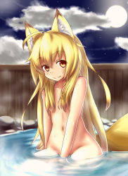 Rule 34 | 1girl, ahoge, animal ear fluff, animal ears, blonde hair, blush, fang, fang out, fox ears, fox tail, full moon, hair censor, hair over breasts, horokusa (korai), korai, korai (horokusa), long hair, looking at viewer, moon, nude, onsen, original, solo, tail