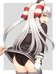 Rule 34 | 10s, 1girl, amatsukaze (kancolle), ass, assisted exposure, black panties, brown eyes, clothes lift, dress, dress lift, fang, gloves, hair tubes, highres, homewrecker, kantai collection, long sleeves, looking at viewer, looking back, open mouth, panties, pov, pov hands, sailor dress, school uniform, serafuku, short dress, silver hair, solo focus, two side up, underwear, white gloves